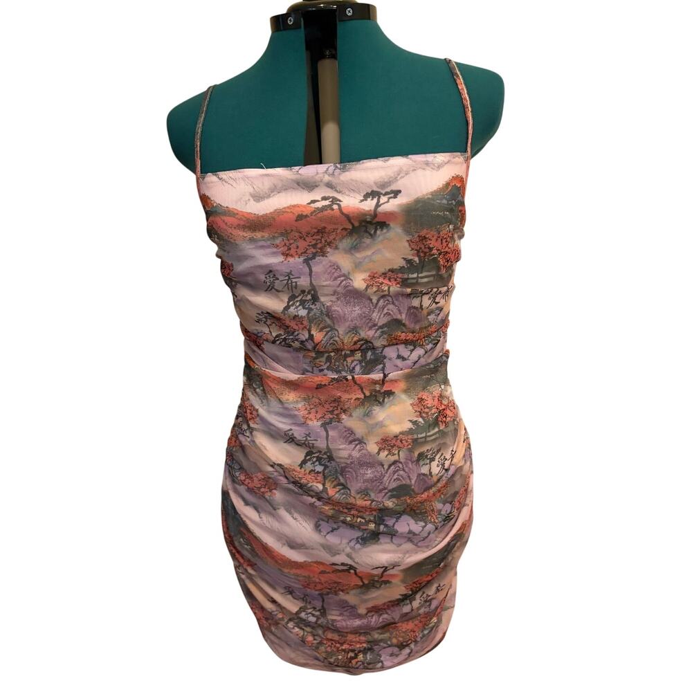 PrettyLittleThing |‎ Lilac Mixed Print Mesh Ruched Strappy Bodycon Dress